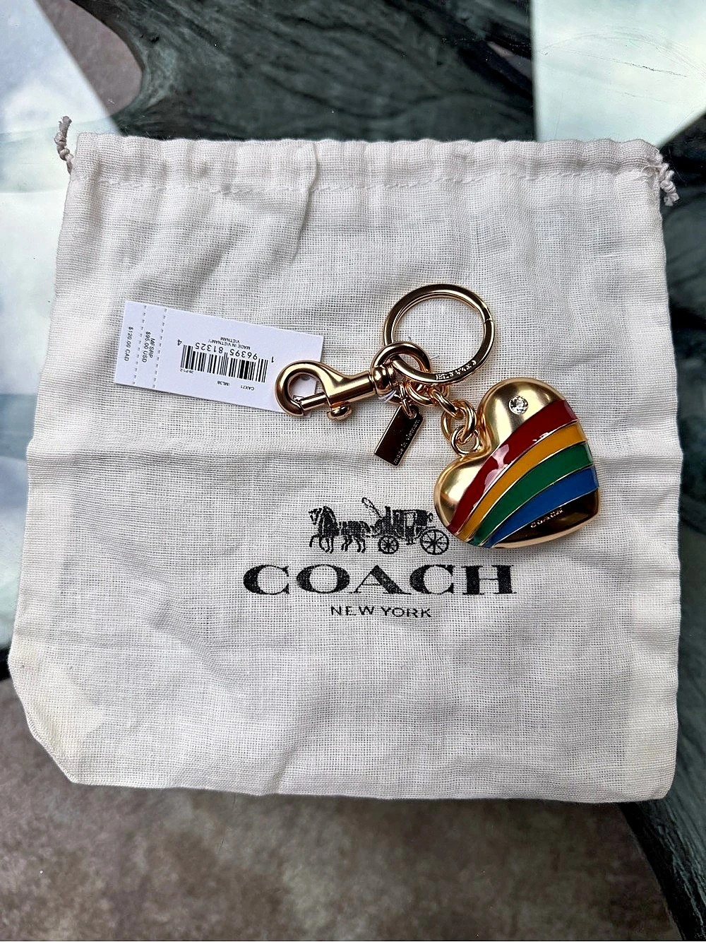 COACH Puffy Heart Rainbow Stripe Bag Charm Keychain NWT & Dust Bag